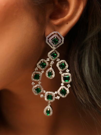 Emerald Elegance Silver Chandelier Earrings