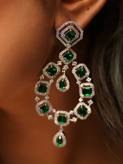 Emerald Elegance Silver Chandelier Earrings