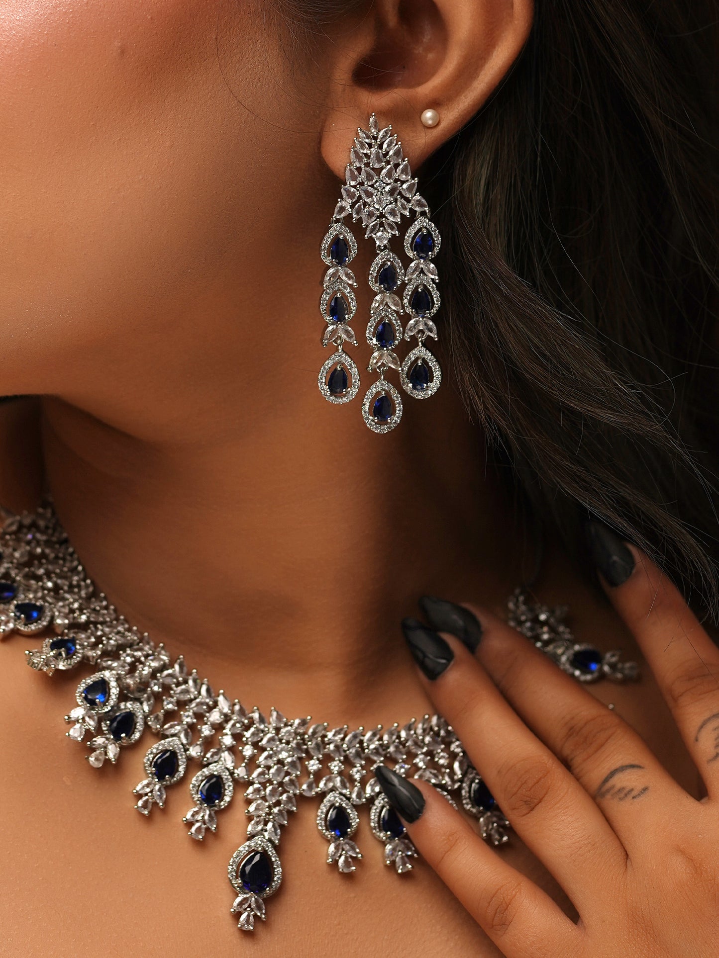 Sapphire Diamond Waterfall Necklace Set