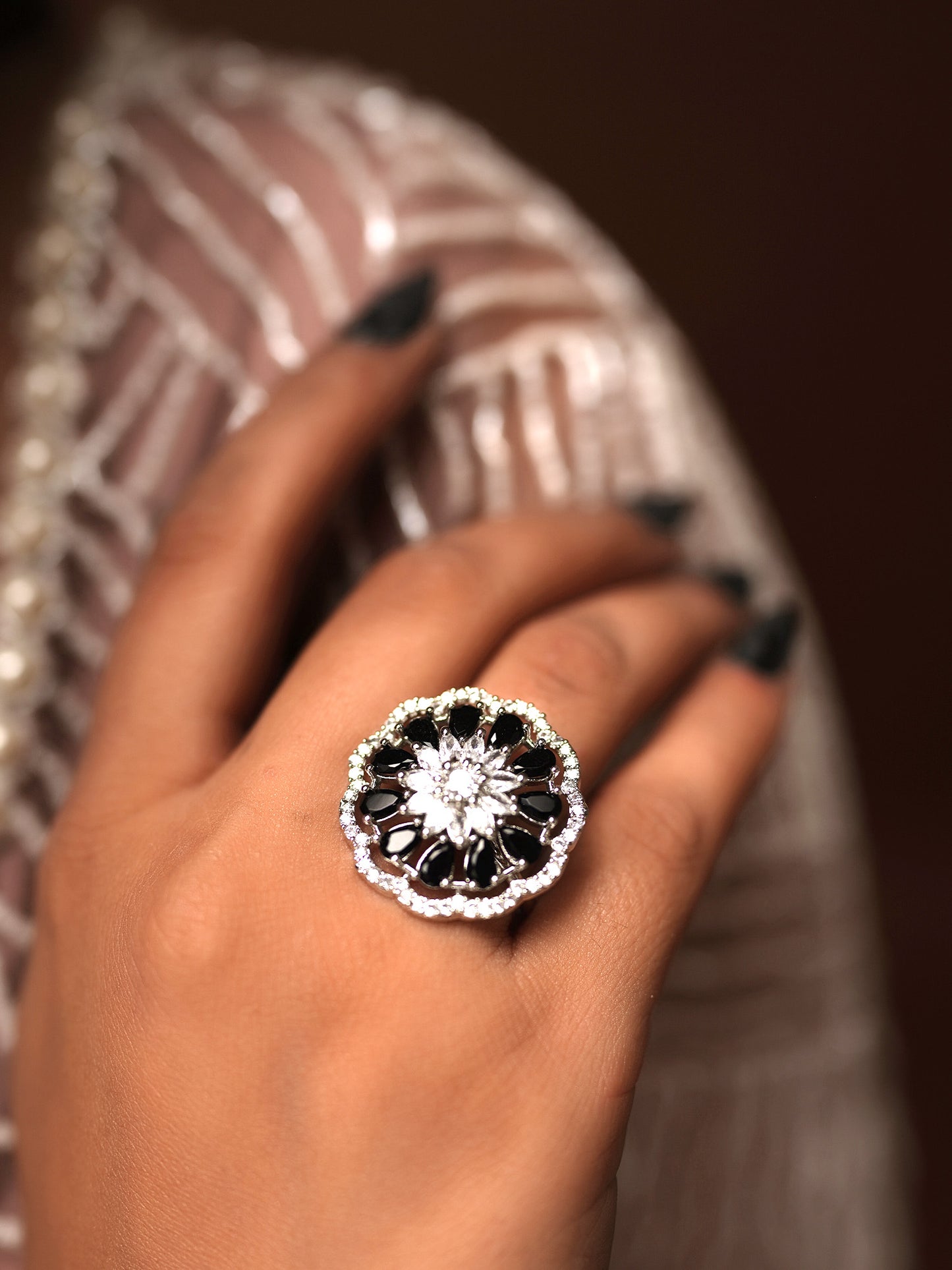 Noir Petals Diamond Blossom Cocktail Ring