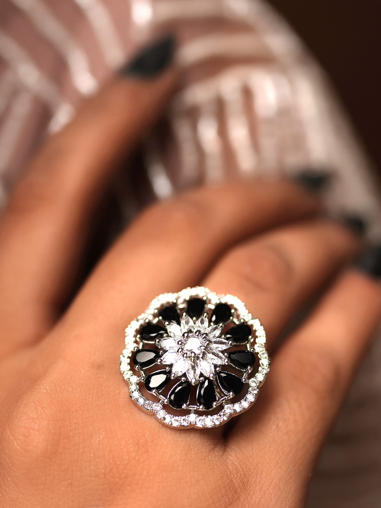 Noir Petals Diamond Blossom Cocktail Ring