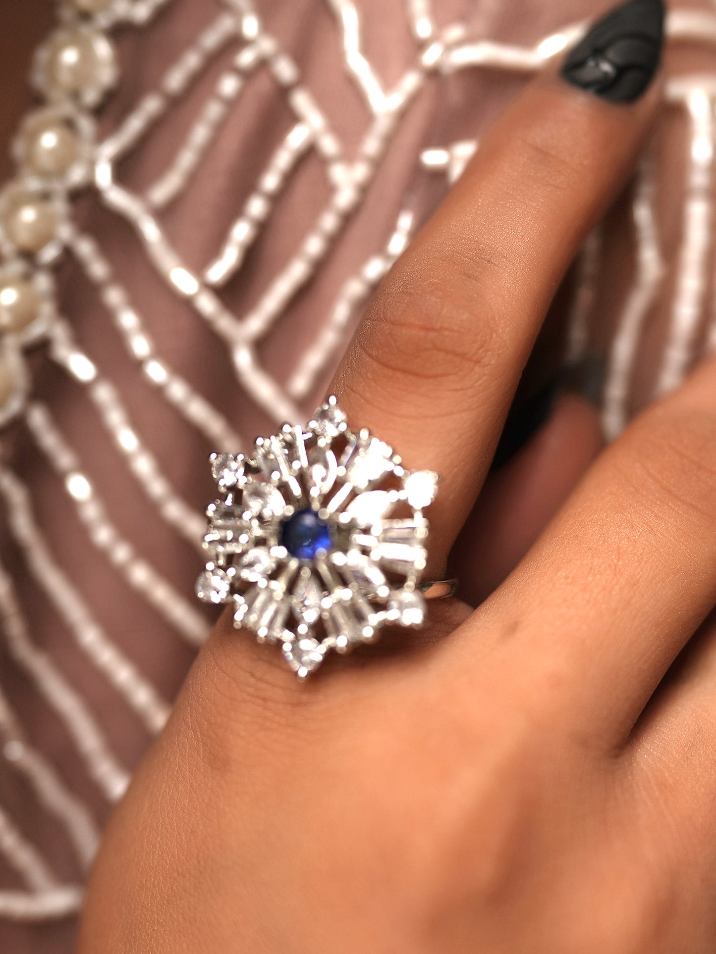 Stellar Sapphire Sunburst Diamond Ring