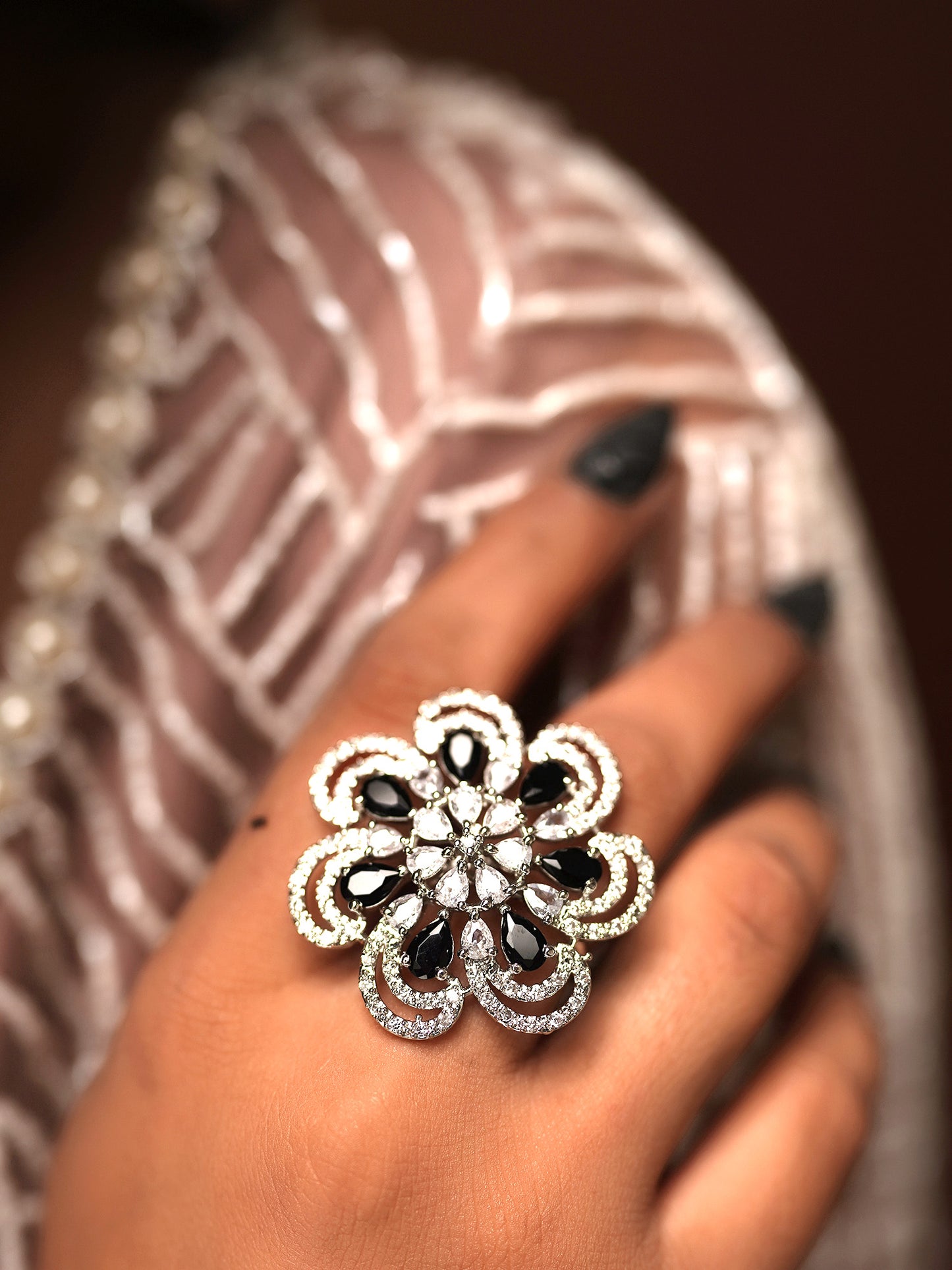 Onyx Petals Diamond Flower Cocktail Ring