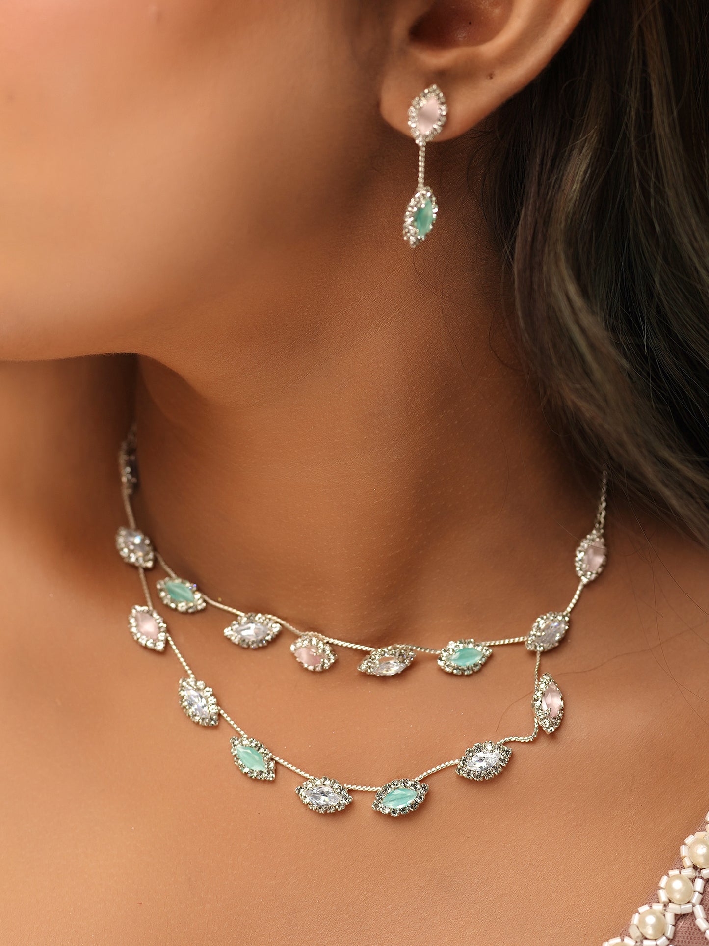 Double Dropping Pastel and White Crystal Necklace Set