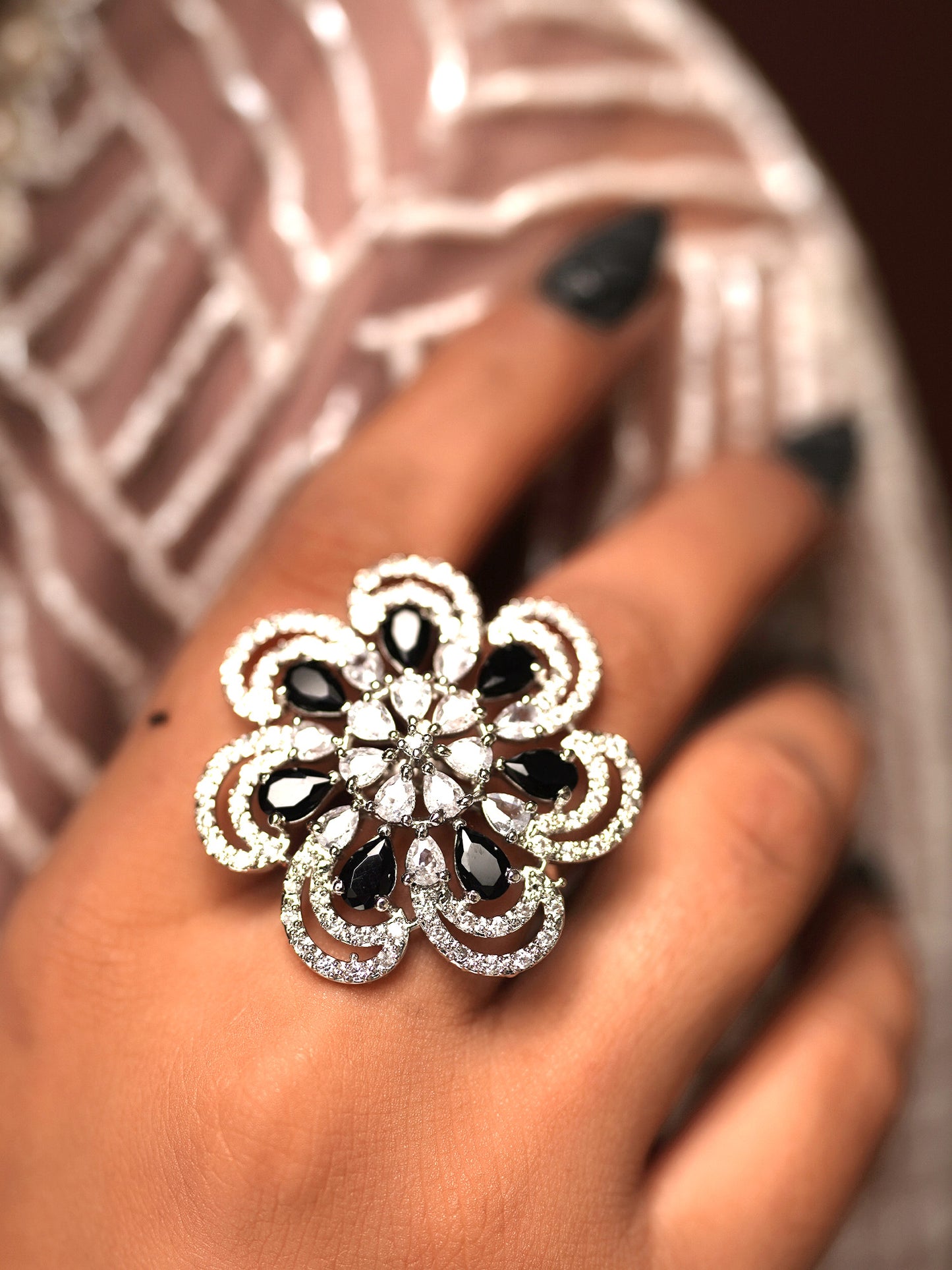 Onyx Petals Diamond Flower Cocktail Ring