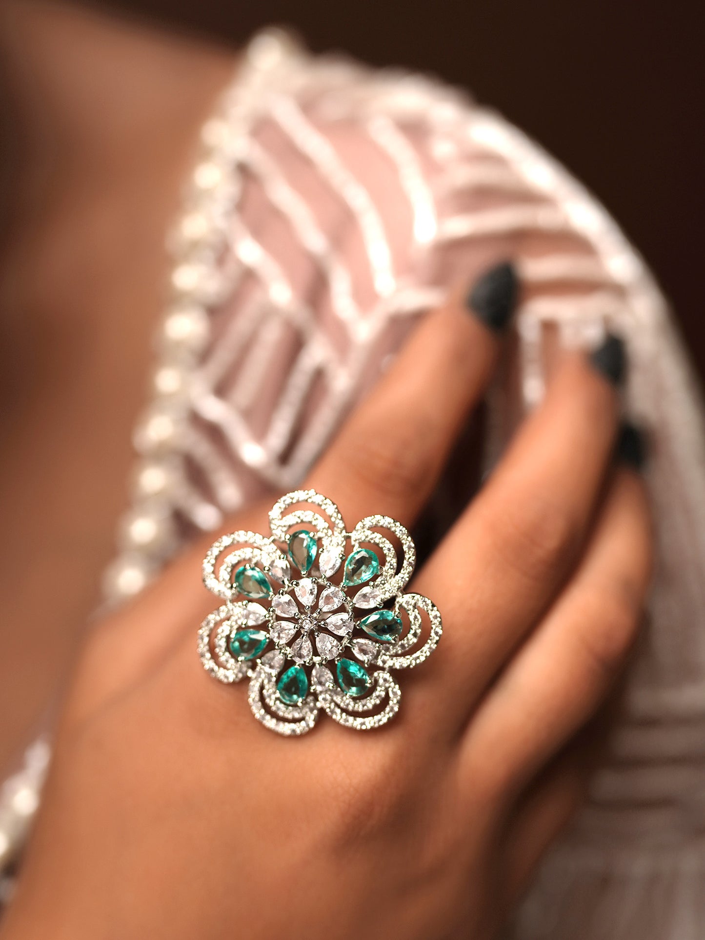 Teal Petal Swirl Diamond Flower Ring