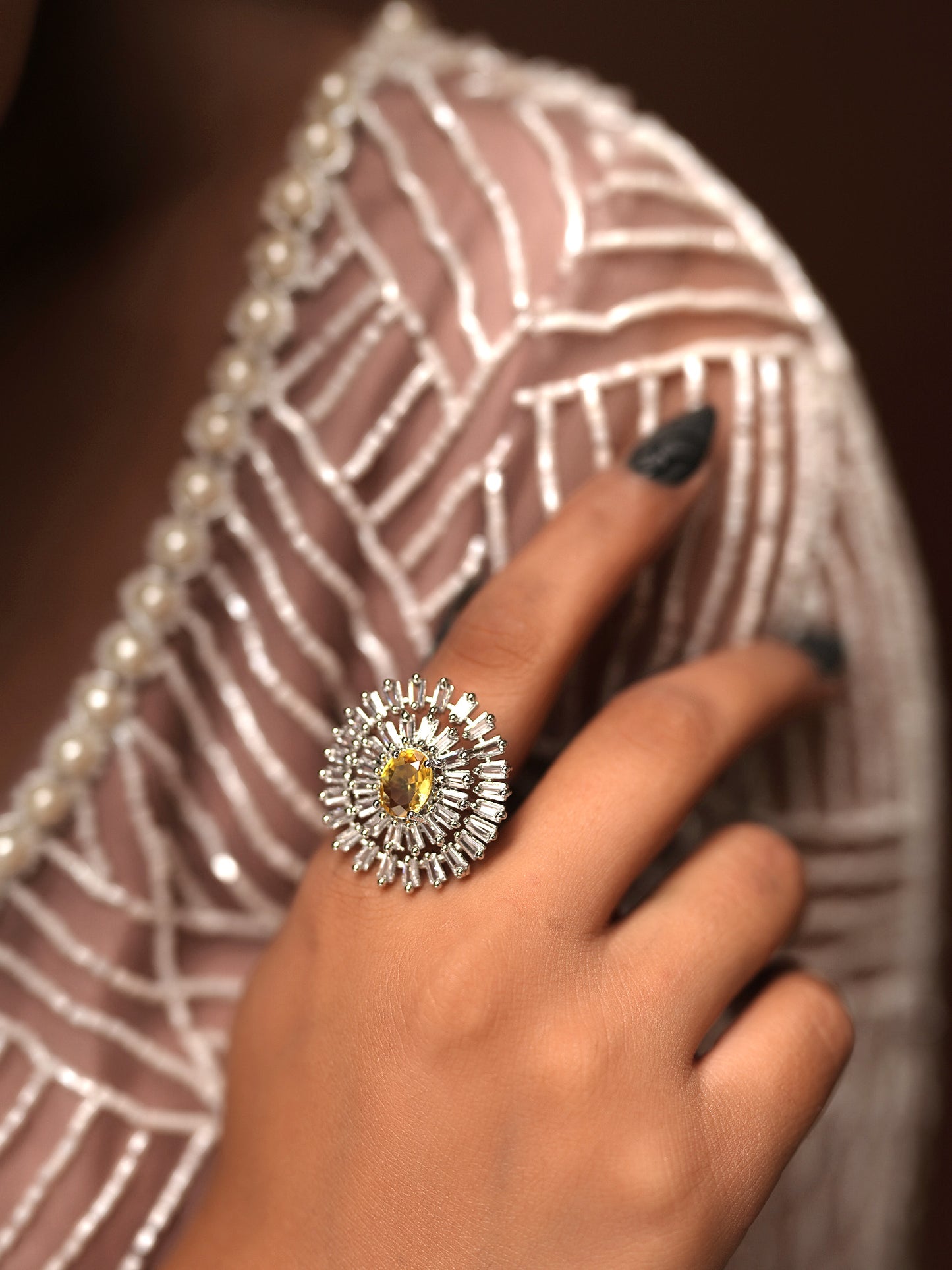 Sunburst Citrine Halo Finger Ring