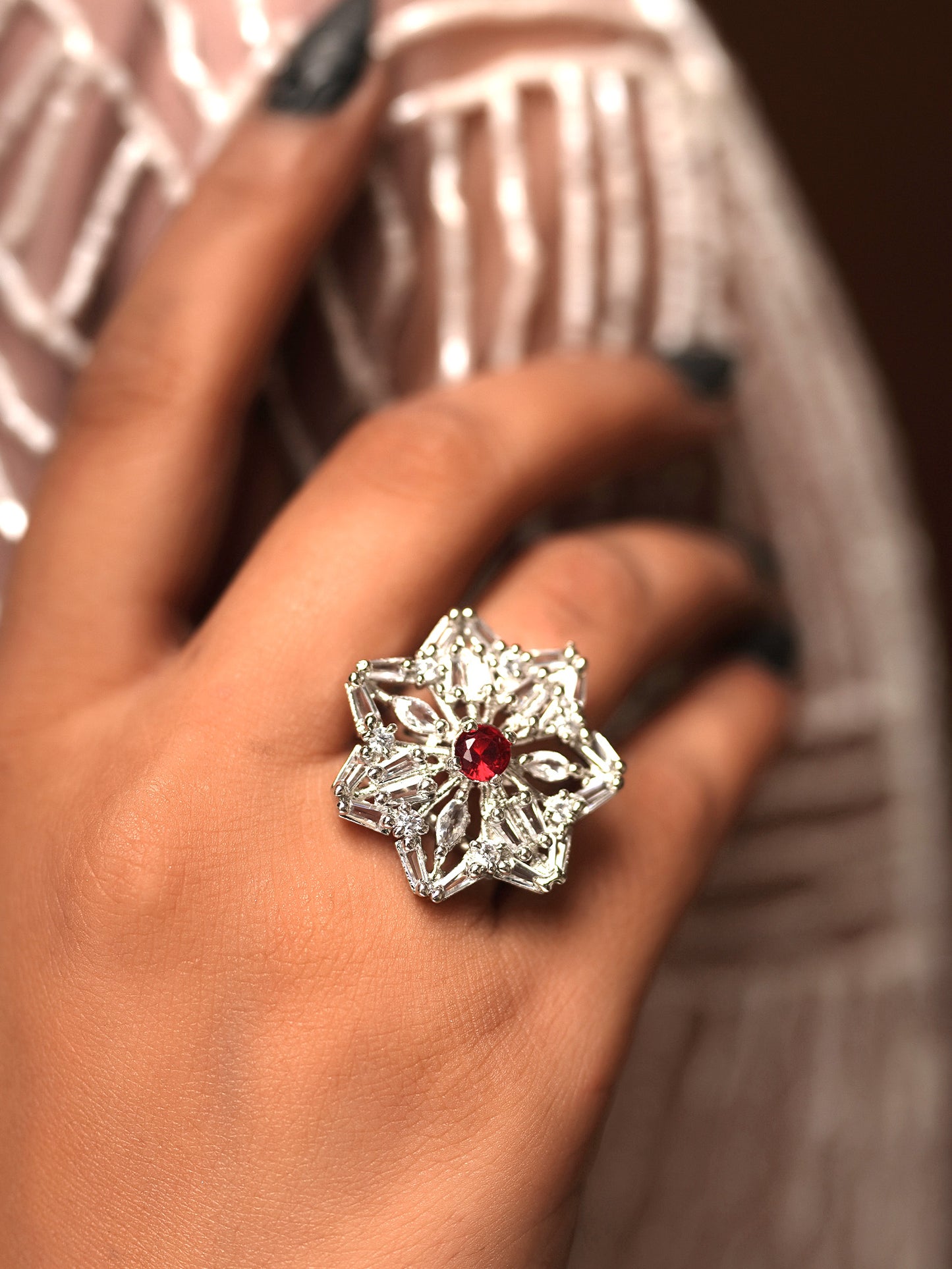 Ruby Centred Snowflake Brilliance Explosion Ring