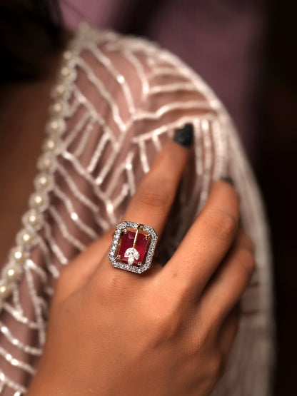 Floating Pear Diamond Ruby Halo Ring