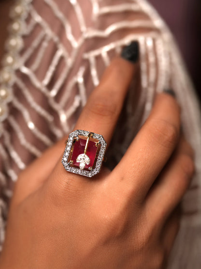 Floating Pear Diamond Ruby Halo Ring